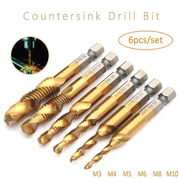 6X 1/4'' HSS Hex Shank Metric M3-M10 Countersink Drill Bits Spiral Screw Tap Set